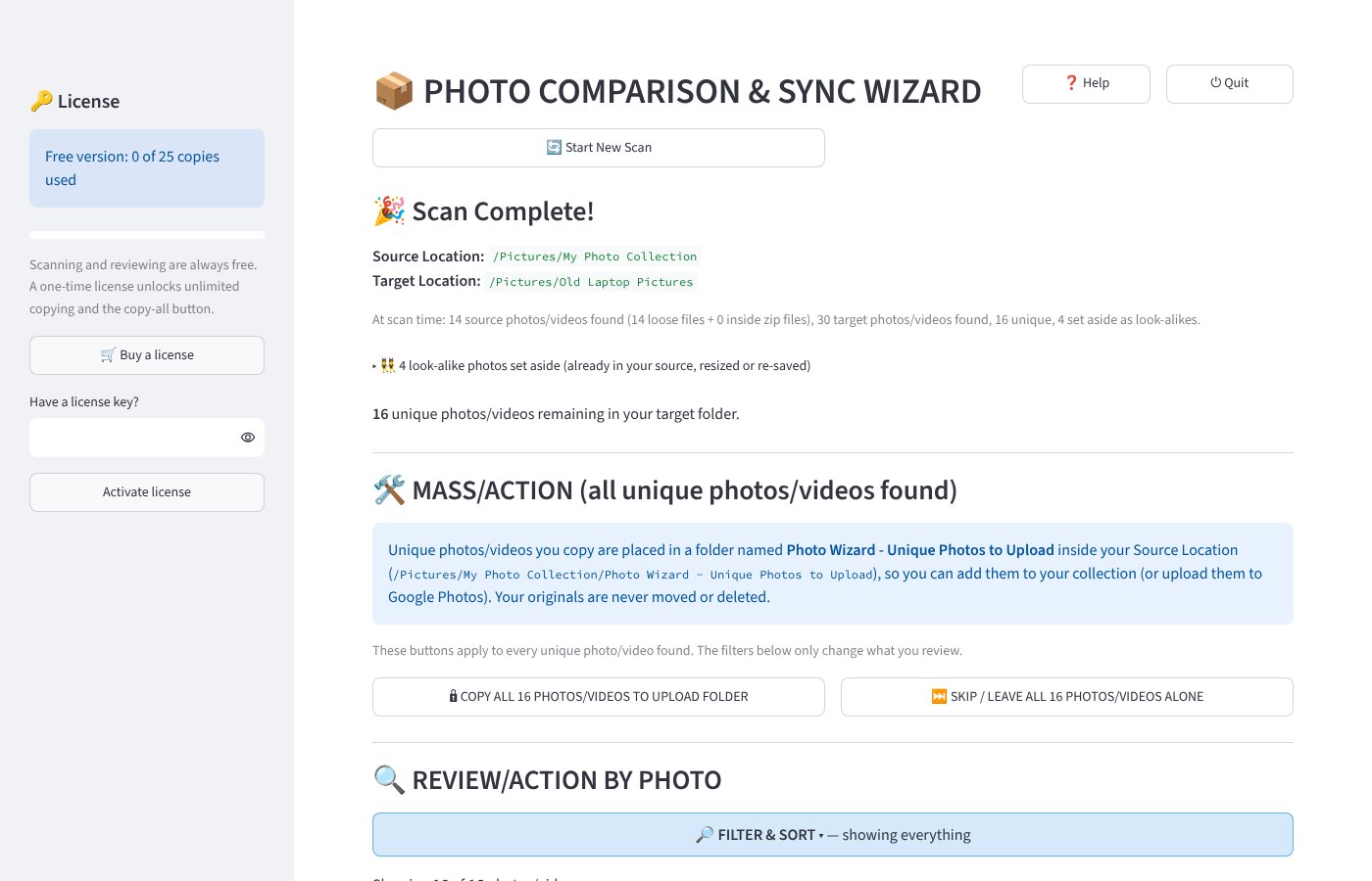 Photo Wizard results screen: 16 unique photos found, 4 look-alikes set aside