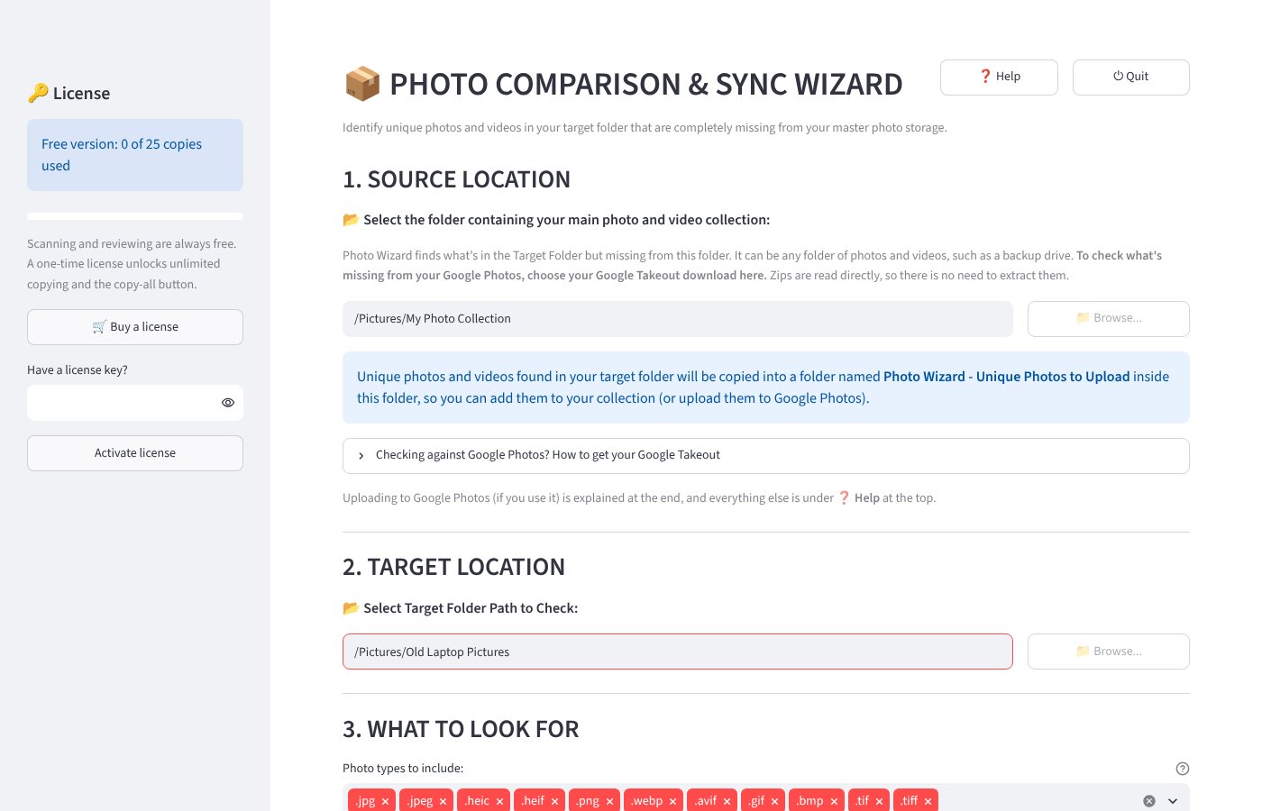 Photo Wizard setup screen